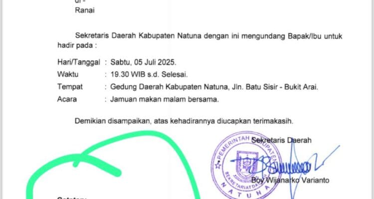 Undangan Makan Malam Bupati Natuna ke Forkopimda Tuai Tanda Tanya: Undangan Makan Malam Bupati Natuna ke Forkopimda Tuai Tanda Tanya: Tak Boleh Diwakilkan, Ada Apa?